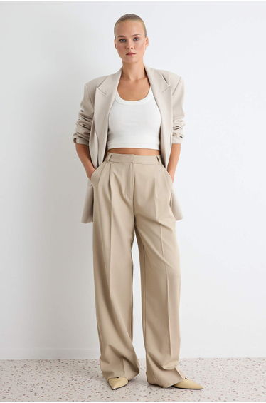Stone Wide Leg Woven Trousers