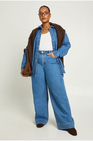 Plus Mid Waist Deep Hem Wide Leg Jean - vintage wash