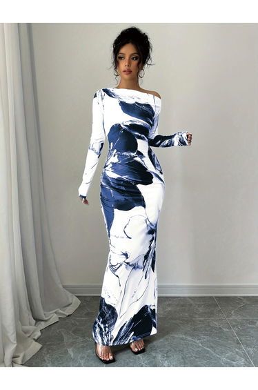 Floral Print One Shoulder Bodycon Maxi Dress