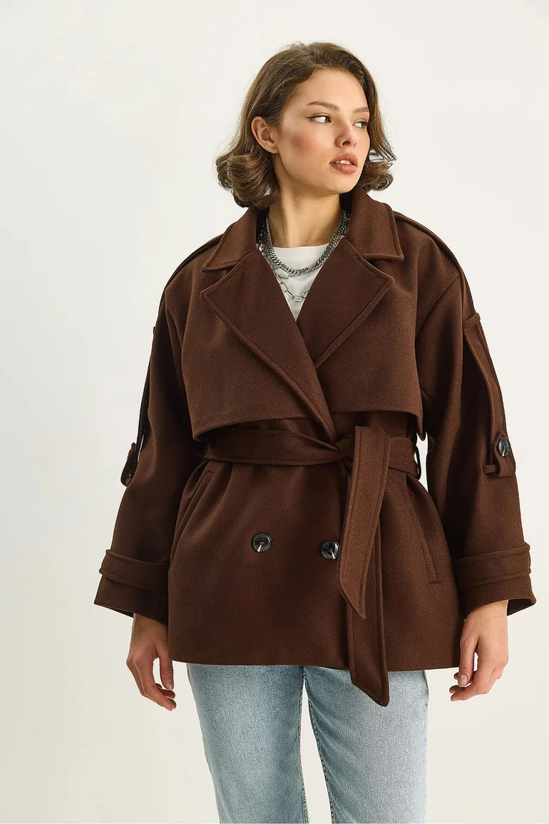 LUCCI Double Breasted Coat with Belt - 5