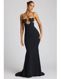 Embellished Heart Cup Detail Evening Gown in Black