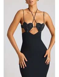 Embellished Heart Cup Detail Evening Gown in Black - 1