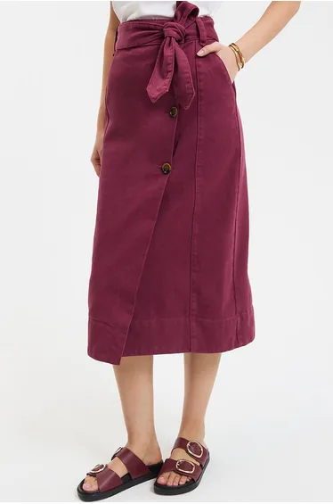 Wrapover Midi Skirt in Cotton Twill