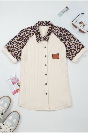 Lvness White Ribbed Texture Button Down Leopard Patchwork Short Sleeve Shirt product thumbnail 2