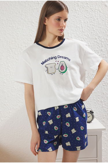 White 100% Cotton Avocado Patterned Shorts Knitted Pajama Set product thumbnail 4