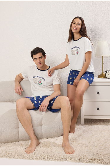 White 100% Cotton Avocado Patterned Shorts Knitted Pajama Set product thumbnail 2