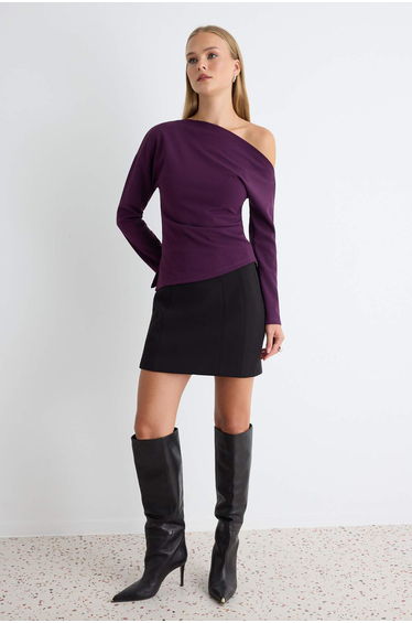 Purple Plain Fitted/Asymmetrical Neck Low Sleeve Scuba Crepe Knitted Blouse
