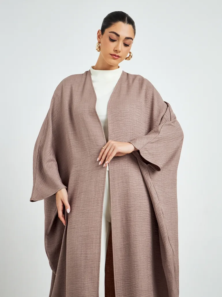 Brown Batwing Sleeve Open Front Abaya - 1