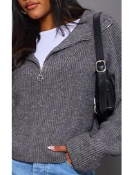 Charcoal Grey Marl Chunky Knit Half Zip Jumper - 3