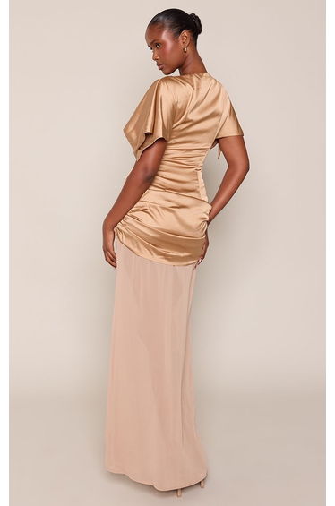 Gold Satin Chiffon Contrast Flutter Sleeve Bodycon Maxi Dress product thumbnail 3