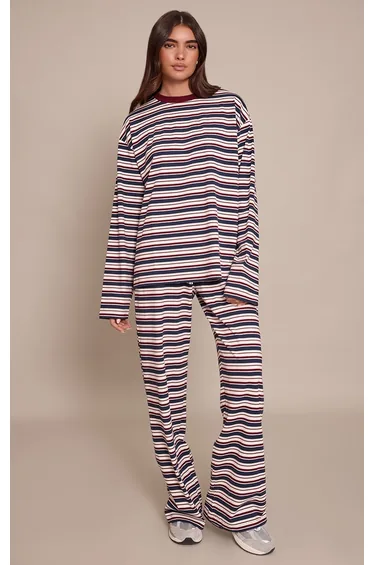 Burgundy Striped Wide Leg Drawstring Trousers