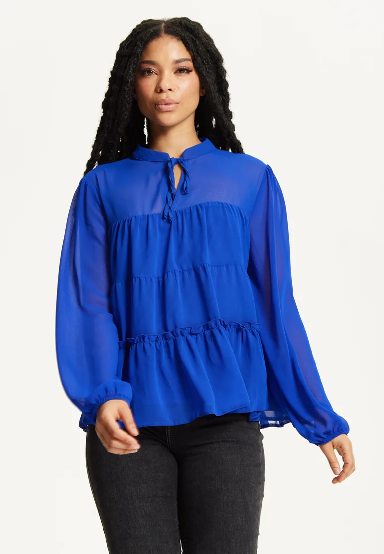 Royal Blue Tiered Long Sleeve Blouse - 1