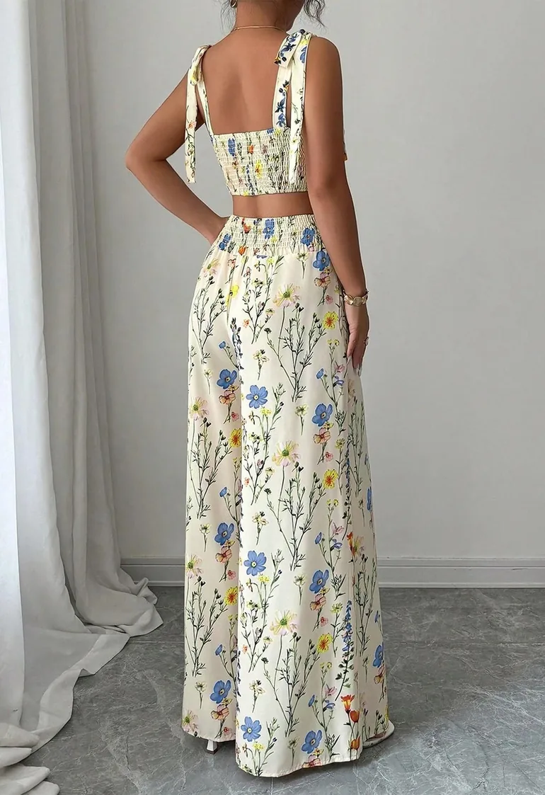 Wildflower Tie-Shoulder Cami Top and Palazzo Pants Set for Weekend Outings & Rooftop Gatherings - 3