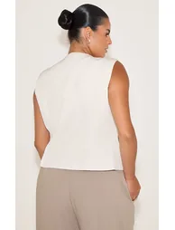 Plus Ecru Woven Pocket Detail Plunge Waistcoat - 2