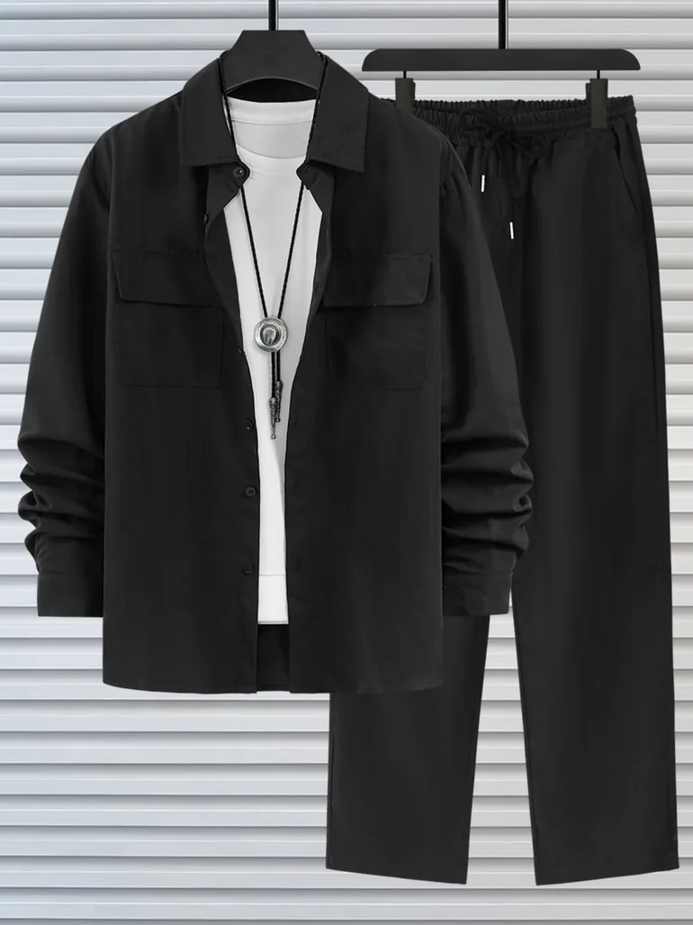 Men Black Casual Shirt and Drawstring Pants Co-ords