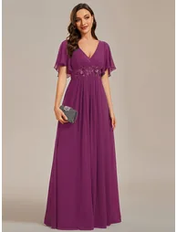 Short-Sleeve Ruffle Appliqué Deep V-Neck A-Line Floor-Length Evening Dress - 3