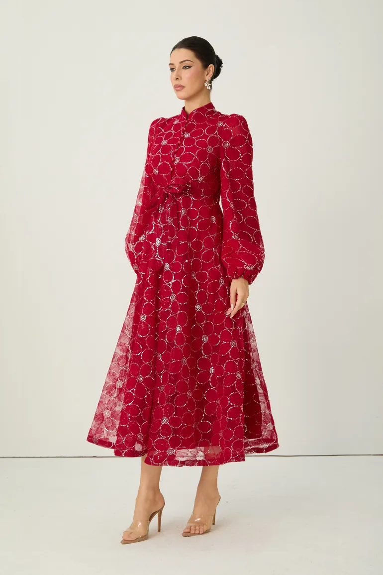 Charming Event Red Sequin Floral Embroidered Maxi Dress - 3