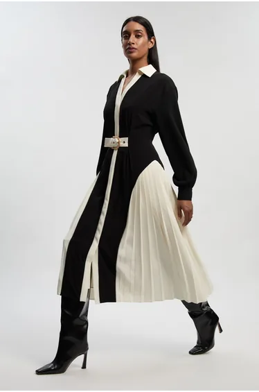 Tailored Crepe Colour Block Belted Pleated Midi Dress