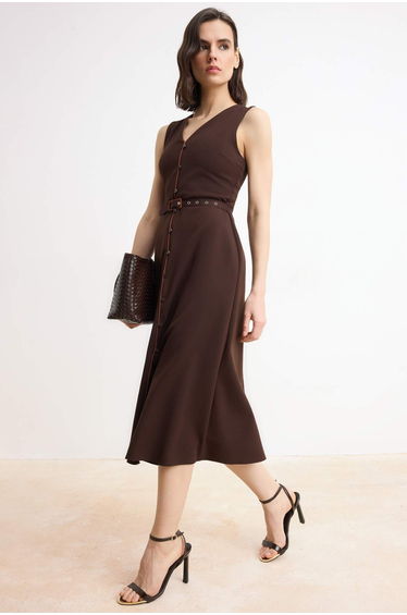 Brown Belted Straight A-Line Belted Midi Woven Dress product thumbnail 2