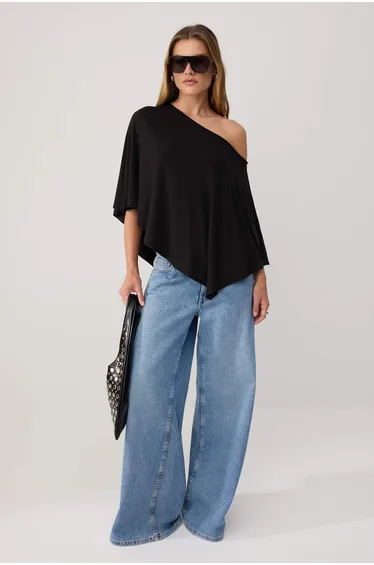 Black Plain Regular Boat Neck Low Shoulder Three Quarter Sleeve Soft Knitted Blouse