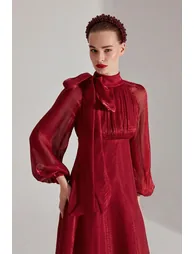 Elizabeth Dark Ribbon Collar Flared Dress - 2