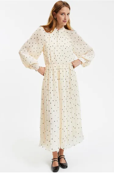 Polka Dot Midaxi Dress with Ruffled Neck