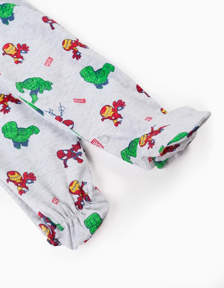 Cotton Sleepsuit With Marvel Prints For Newborn And Baby Boys, Light Grey - 3