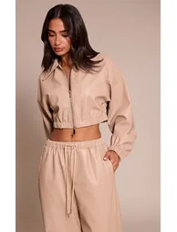 Petite Stone Faux Leather Cropped Zip Up Jacket - 5