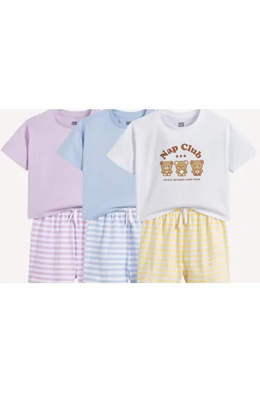 Pack of 3 Teddy Bear and Stripes Print Cotton Short Pyjamas