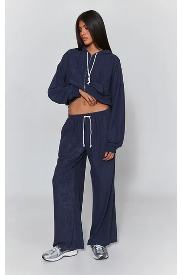 Navy Towelling Contrast Drawcord Wide Leg Joggers