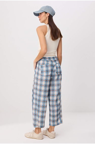 Blue-Multicolor Linen Look Plaid Balloon Molded Regular Waist Pants product thumbnail 3