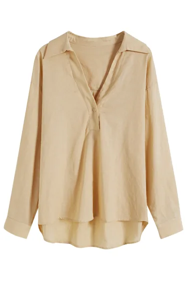 V-Neck Button Collar Hi-Lo Hem Shirt in Ligh Tan