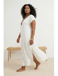 Ecru bias detail long plus size kimono & kaftan - 5