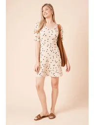 Neutral Spot V Neck Short Sleeve Mini Dress - 1