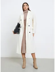 Off White Wool Like Double Breasted Midi Coat