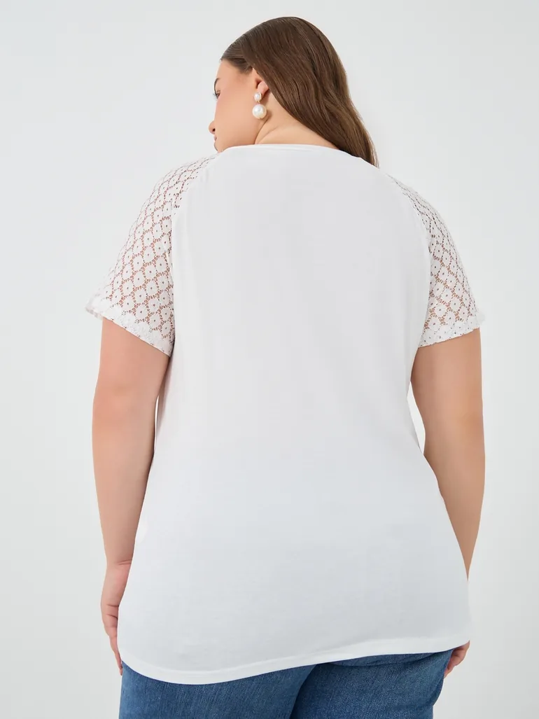 Plus Size Solid Lace Short Sleeve Longline T-Shirt - 3