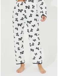 Bowknot Print Long Sleeve Shirt and Pyjama Set - 4