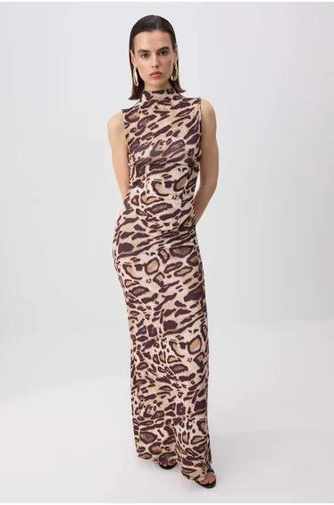 Brown Leopard Pattern Corset Detail Sandy Maxi Unlined Party Dress