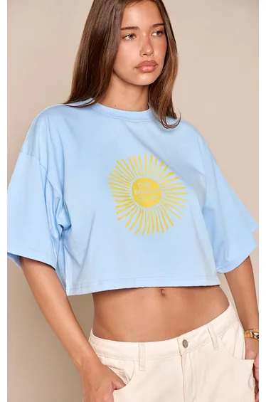 Blue Sun Print Cotton Cropped T-Shirt