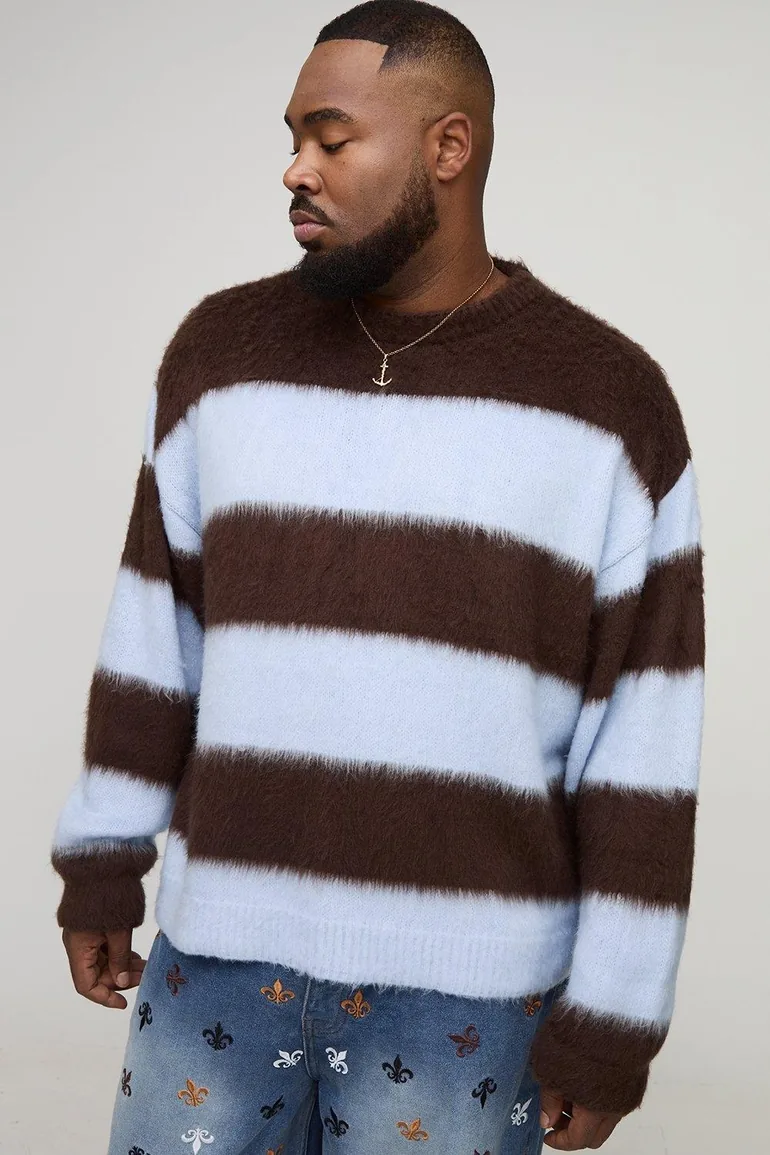 Plus Oversized Boxy Crew Neck Brushed Knit Chunky Stripe Jumper - chocolate