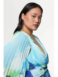 Plus Size Ombre Floral Soft Pleated Woven Blouse With Cape - 1