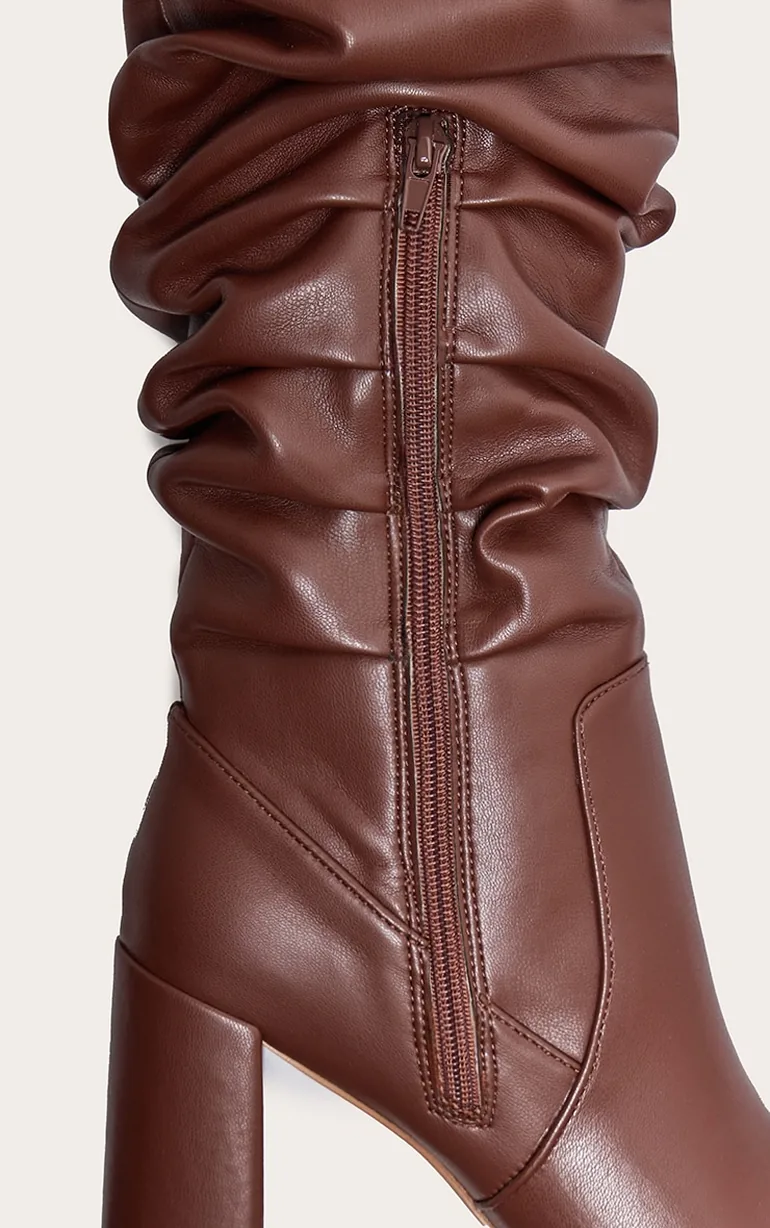 Brown PU Round Toe Ruched Over The Knee Block Heeled Boots - 3
