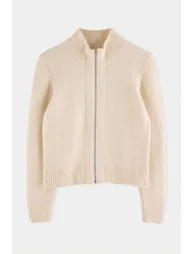 Ecru Zippered Wool Blend High Neck Soft Textured Knitwear Cardigan - 3