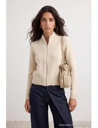 Ecru Zippered Wool Blend High Neck Soft Textured Knitwear Cardigan - 1