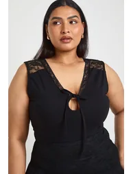 Plus Lace Trim Tie Keyhole Bodysuit - black - 3