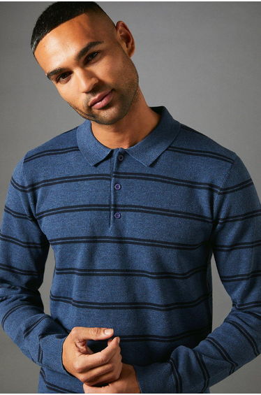 Stripe Long Sleeve Knitted Polo - blue product thumbnail 4