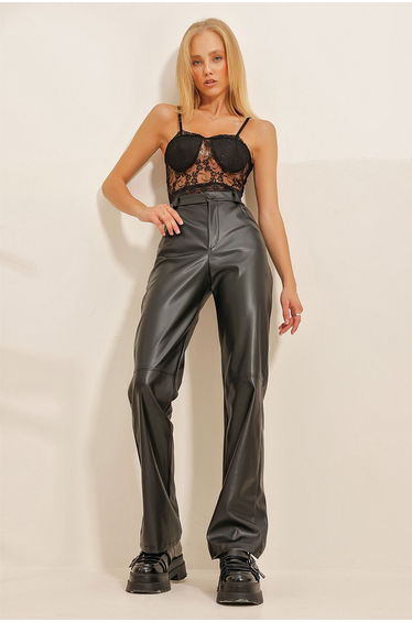 Women's Black Faux Leather Palazzo Pants with Stitched Knees and Pockets product thumbnail 2