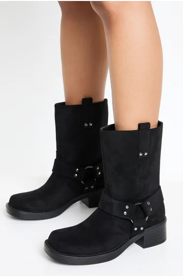 Faux Suede Harness Detail Biker Boots - black