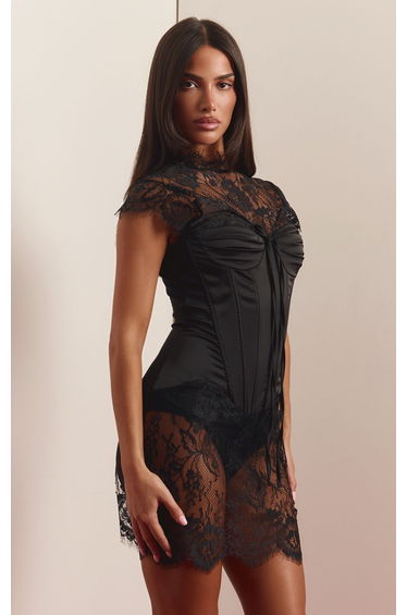 Black Structured Satin Bodice Lace Neck Corset Dress