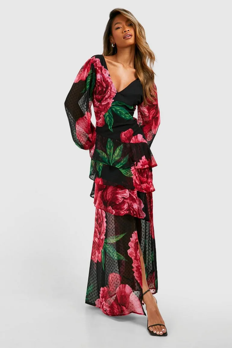 Floral Dobby Floral Frill Maxi Dress - black